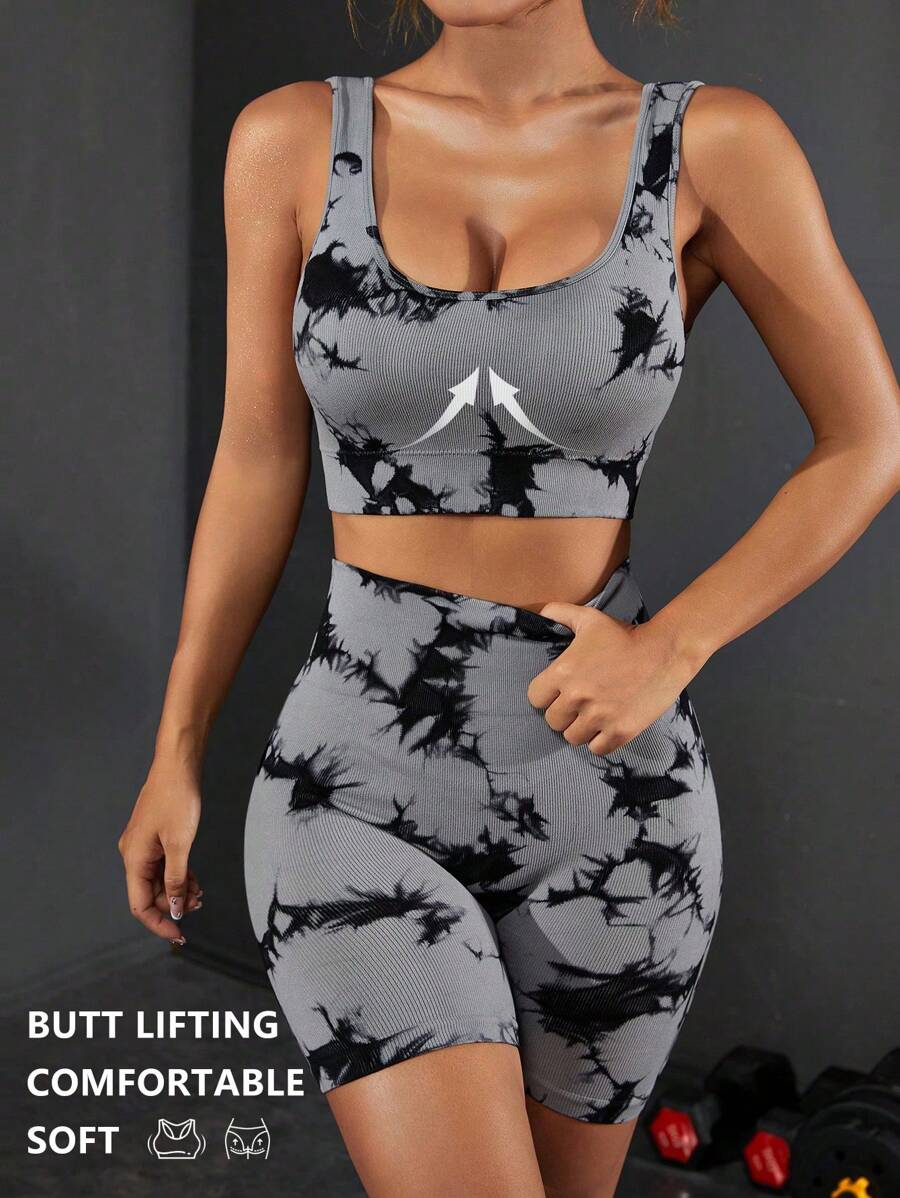 Easithlete Conjunto deportivo con diseño de teñido anudado y cinturilla ancha para mujeres - Gris - Ver 1