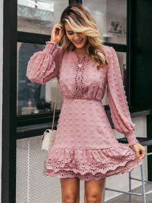 Simplee Swiss Dot Guipure Lace Insert Lantern Sleeve Ruffle Hem Dress - Baby Pink - View 1