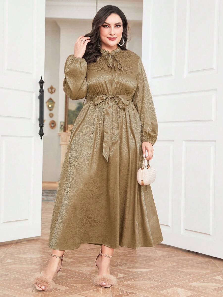 Modelyn 大碼繫帶領燈籠袖自綁腰帶提花緞面洋裝