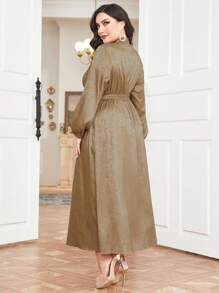 Modelyn 大碼繫帶領燈籠袖自綁腰帶提花緞面洋裝