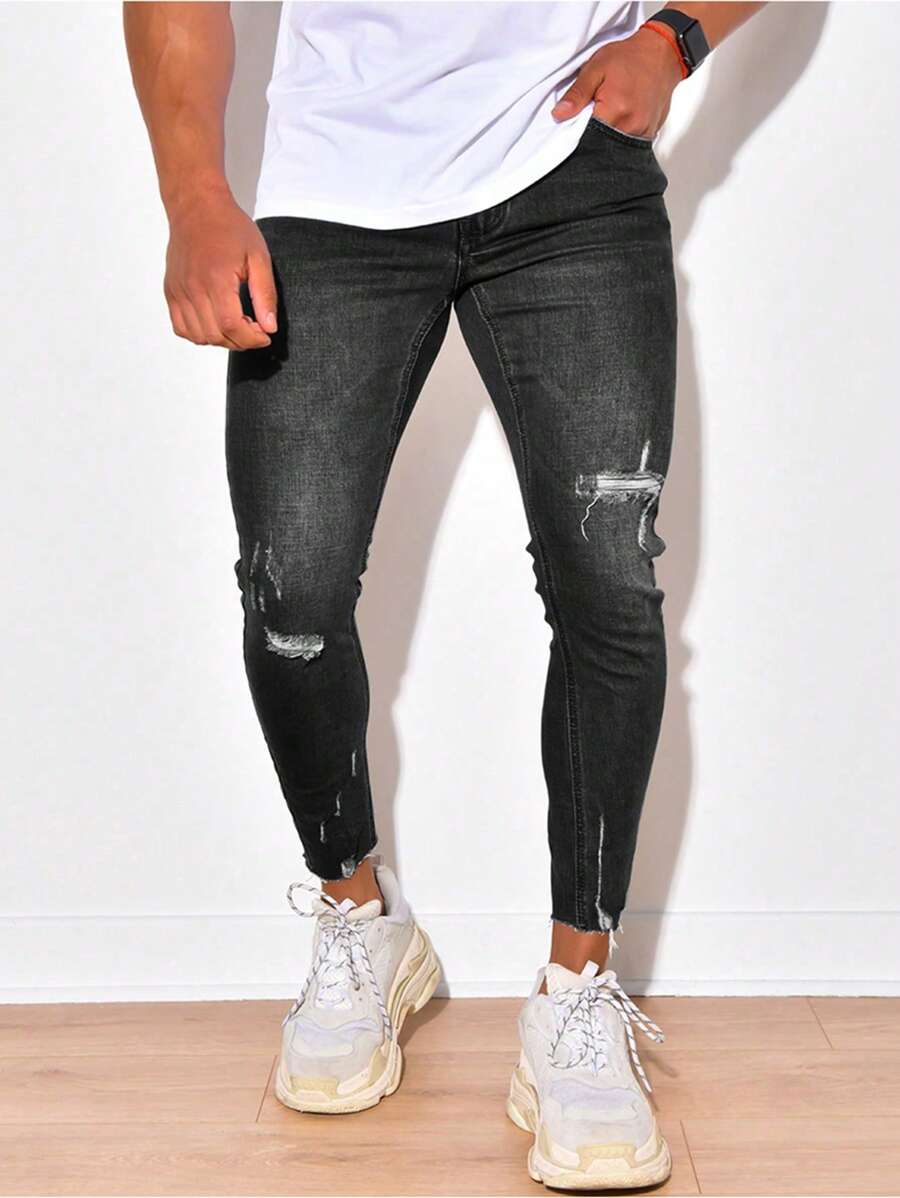 Quần jean nam rách rách dáng ôm - màu đen - Xem 1