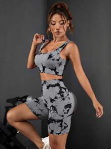 Easithlete Conjunto deportivo con diseño de teñido anudado y cinturilla ancha para mujeres - Gris - Ver 4