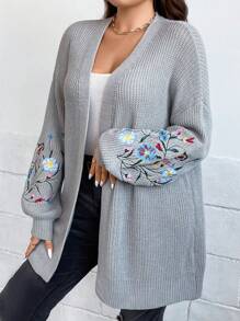 SHEIN LUNE Plus Size Floral Embroidery Drop Shoulder Cardigan, For Winter Fall - Light Grey - View 1