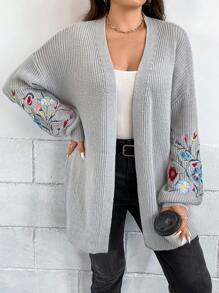 SHEIN LUNE Plus Size Floral Embroidery Drop Shoulder Cardigan, For Winter Fall - Light Grey - View 5