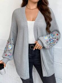 SHEIN LUNE Plus Size Floral Embroidery Drop Shoulder Cardigan, For Winter Fall - Light Grey - View 6