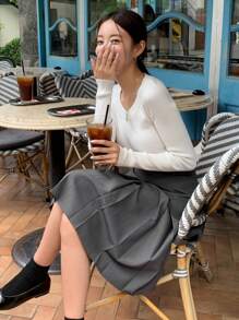 DAZY Cao eo Chi tiết xếp nếp Váy - Màu xám đen - Xem 3