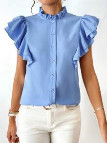 SHEIN Privé Frill Neck Butterfly Sleeve Button Front Blouse