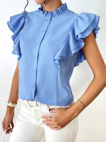 SHEIN Privé Frill Neck Butterfly Sleeve Button Front Blouse