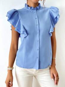 SHEIN Privé Frill Neck Butterfly Sleeve Button Front Blouse