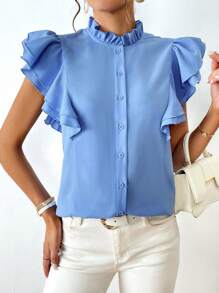 SHEIN Privé Frill Neck Butterfly Sleeve Button Front Blouse
