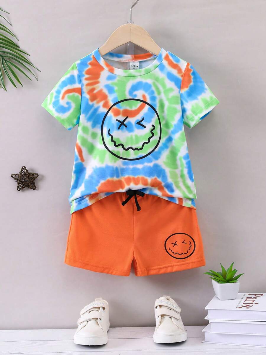 SHEIN Young Boy Tie Dye Expression Print Tee & Shorts - Multicolor - View 1