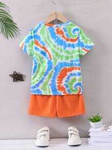 SHEIN Young Boy Tie Dye Expression Print Tee & Shorts - Multicolor - View 2
