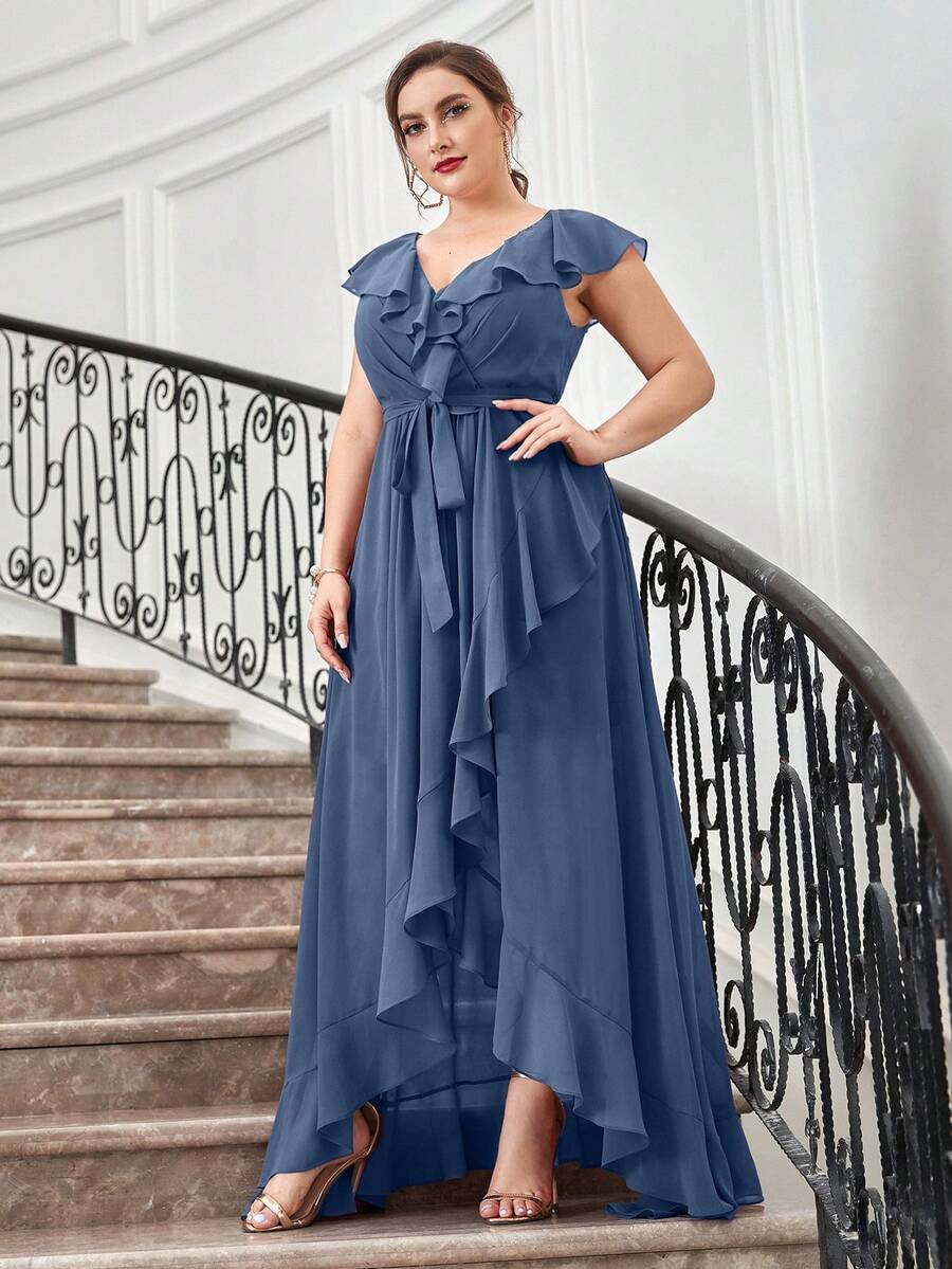 Plus Ruffle Trim Belted Chiffon Bridesmaid Dress - Dusty Blue - View 1