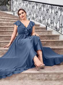 Plus Ruffle Trim Belted Chiffon Bridesmaid Dress - Dusty Blue - View 3