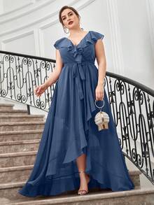 Plus Ruffle Trim Belted Chiffon Bridesmaid Dress - Dusty Blue - View 4