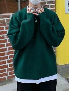 Manfinity Hypemode 男士素色落肩袖套頭毛衣 - 墨綠色 - 查看 3