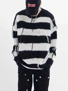 Manfinity Hypemode 男士條紋圖案落肩袖套頭毛衣 - 黑與白 - 查看 4