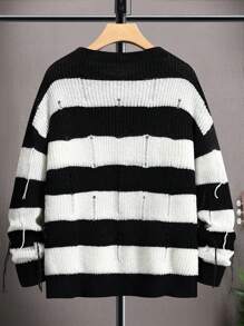 Manfinity Hypemode 男士條紋圖案落肩袖套頭毛衣 - 黑與白 - 查看 2