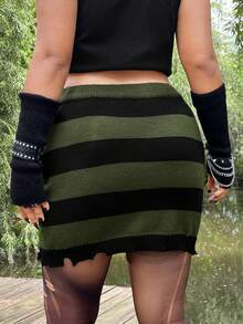 ROMWE PUNK Talla grande Falda de punto de dos tonos desgarro bajo - Multicolor - Ver 2