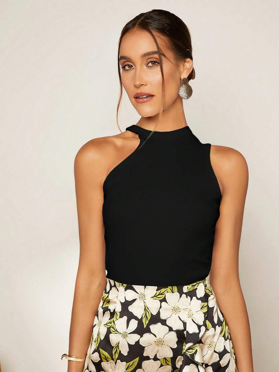 SHEIN Privé 素色不對稱領上衣 - 黑色 - 查看 1