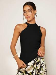 SHEIN Privé 素色不對稱領上衣 - 黑色 - 查看 4