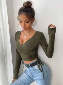 SHEIN Essnce 交疊領側抽繩短款T恤 - 軍綠色 - 查看 4