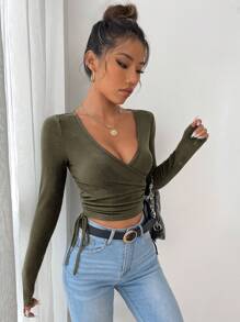 SHEIN Essnce 交疊領側抽繩短款T恤 - 軍綠色 - 查看 6