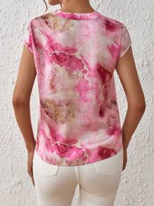 SHEIN Privé In Đá cẩm thạch Đường viền cổ có rãnh Áo sơ mi - Màu Hồng Tươi - Xem 2