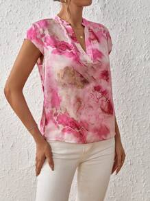 SHEIN Privé In Đá cẩm thạch Đường viền cổ có rãnh Áo sơ mi - Màu Hồng Tươi - Xem 5