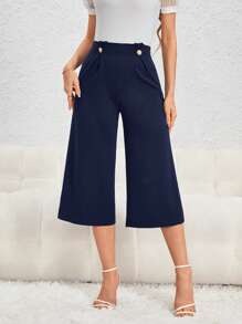 SHEIN Privé 高腰紐扣細節闊腿褲 - 藏蓝色 - 查看 3