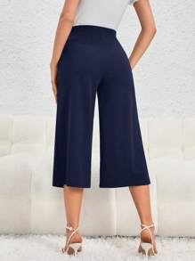 SHEIN Privé 高腰紐扣細節闊腿褲 - 藏蓝色 - 查看 2