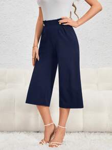 SHEIN Privé 高腰紐扣細節闊腿褲 - 藏蓝色 - 查看 4