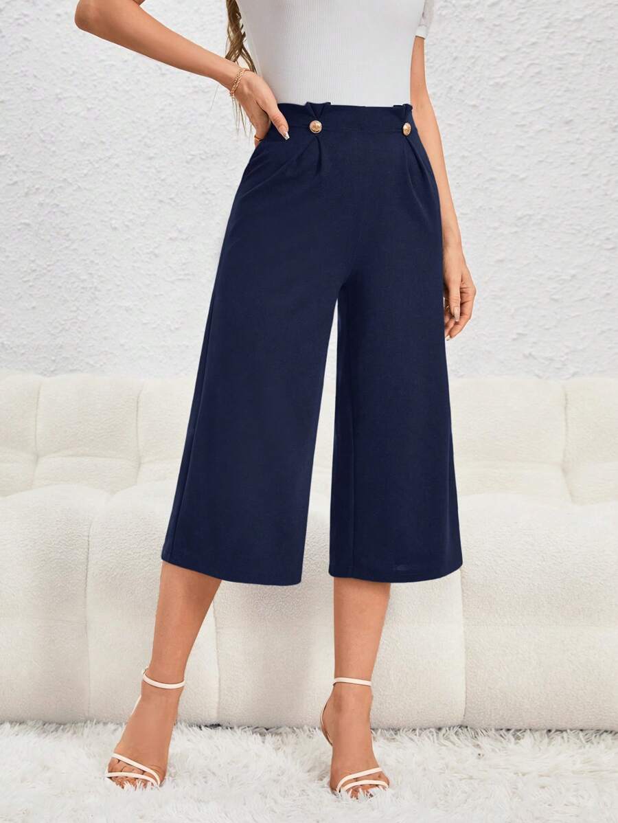 SHEIN Privé 高腰紐扣細節闊腿褲 - 藏蓝色 - 查看 1