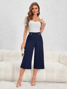 SHEIN Privé 高腰紐扣細節闊腿褲 - 藏蓝色 - 查看 5