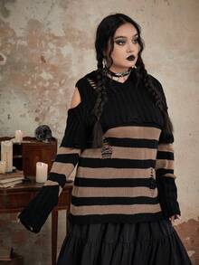 ROMWE Goth 大碼條紋圖案挖肩破洞套頭毛衣 - 彩色 - 查看 4
