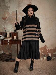 ROMWE Goth 大碼條紋圖案挖肩破洞套頭毛衣 - 彩色 - 查看 5