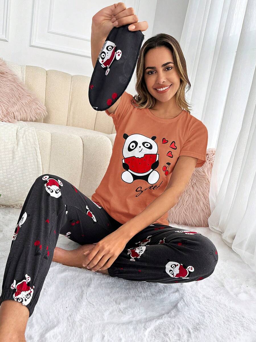 RueChic Cartoon Panda & Heart Print PJ Set - Coral Pink - View 1