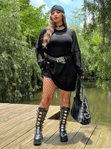 ROMWE PUNK Áo len dệt kim hở vai không có thắt lưng, đi học - màu đen - Xem 3