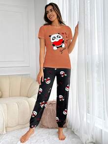 RueChic Cartoon Panda & Heart Print PJ Set - Coral Pink - View 3