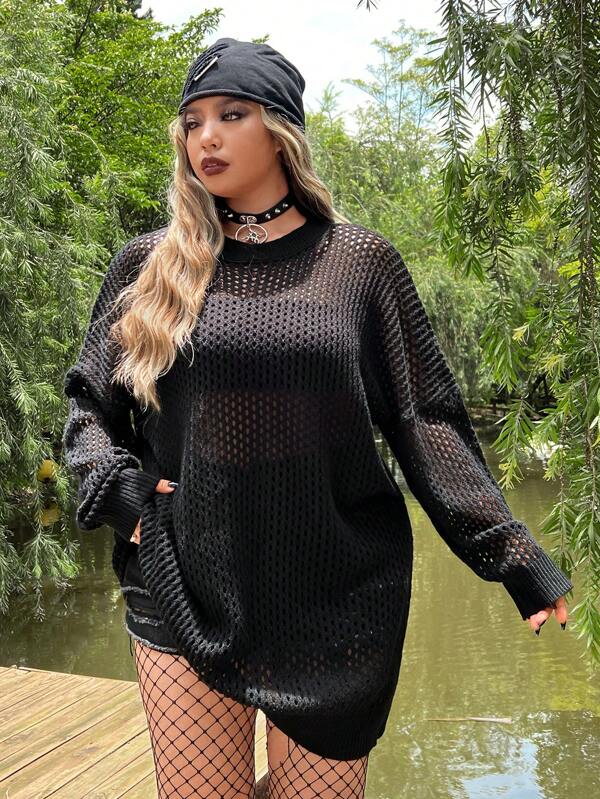 ROMWE PUNK Plus Drop Shoulder Open Knit Sweater Without Belt, School