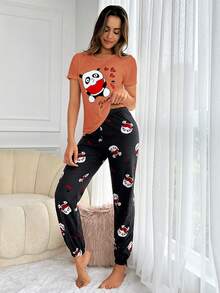 RueChic Cartoon Panda & Heart Print PJ Set - Coral Pink - View 4