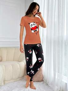 RueChic Cartoon Panda & Heart Print PJ Set - Coral Pink - View 5