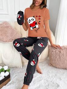 RueChic Cartoon Panda & Heart Print PJ Set - Coral Pink - View 6