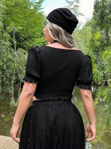 ROMWE PUNK Plus Lettuce Trim Puff Sleeve Hanky Hem Tee - Black - View 2