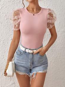 SHEIN Privé Contrast Mesh Puff Sleeve Tee - Baby Pink - View 1