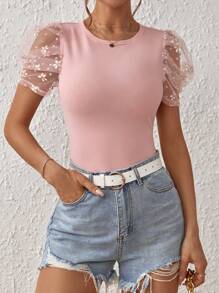 SHEIN Privé Contrast Mesh Puff Sleeve Tee - Baby Pink - View 4