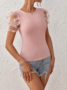 SHEIN Privé Contrast Mesh Puff Sleeve Tee - Baby Pink - View 5