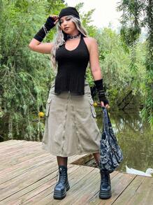 ROMWE PUNK Plus Split Hem Halter Knit Top Without Glove - Black - View 3