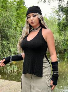 ROMWE PUNK Plus Split Hem Halter Knit Top Without Glove - Black - View 1
