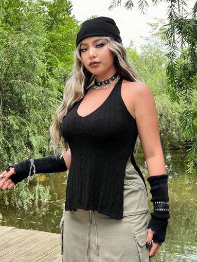 Talla grande Top de punto bajo con abertura halter sin Guante